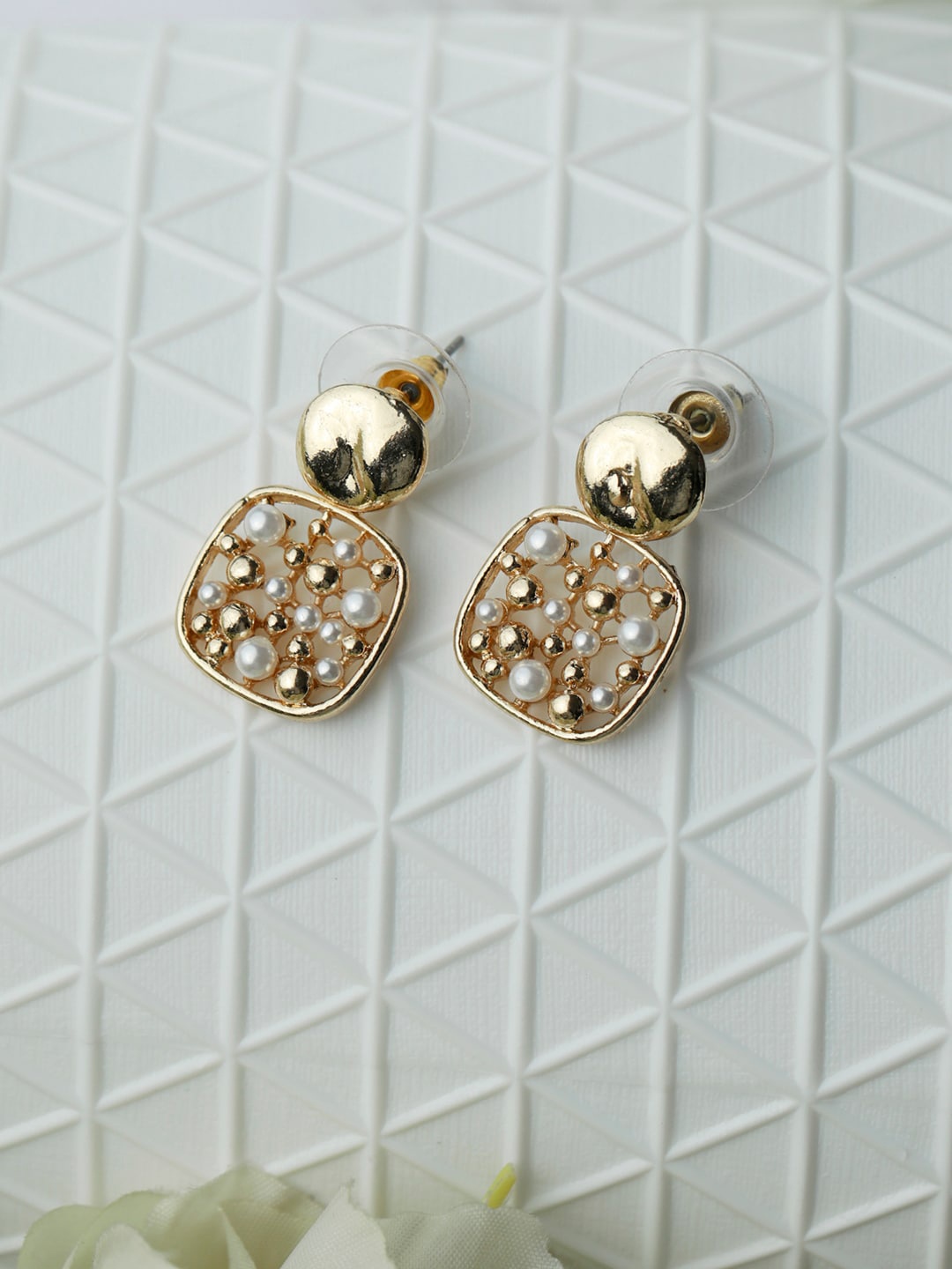 

Priyaasi Gold-Plated & White Contemporary Drop Earrings