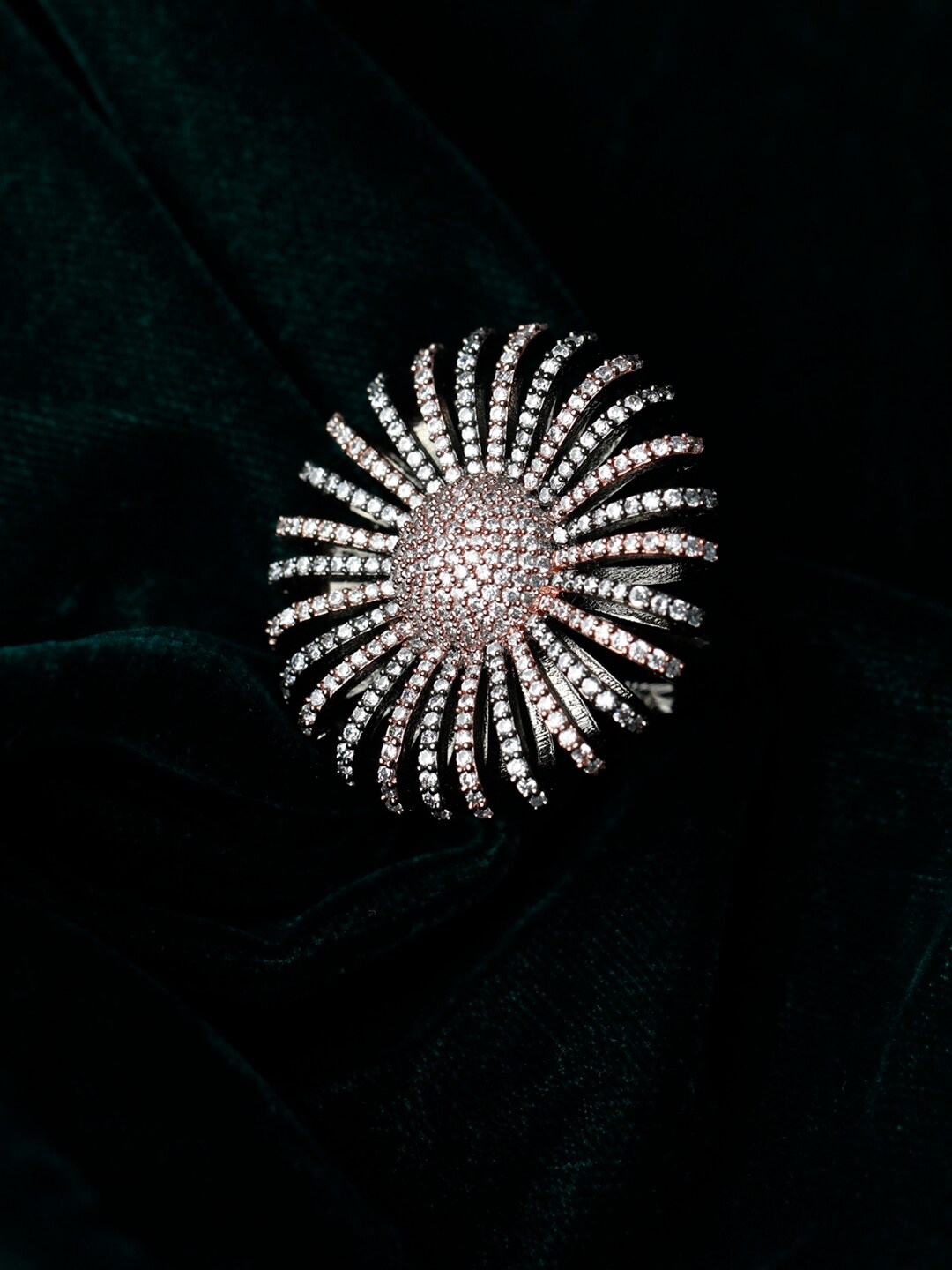 

Priyaasi Women Silver-Plated Dual Toned American Diamond Studded Adjustable Finger Ring