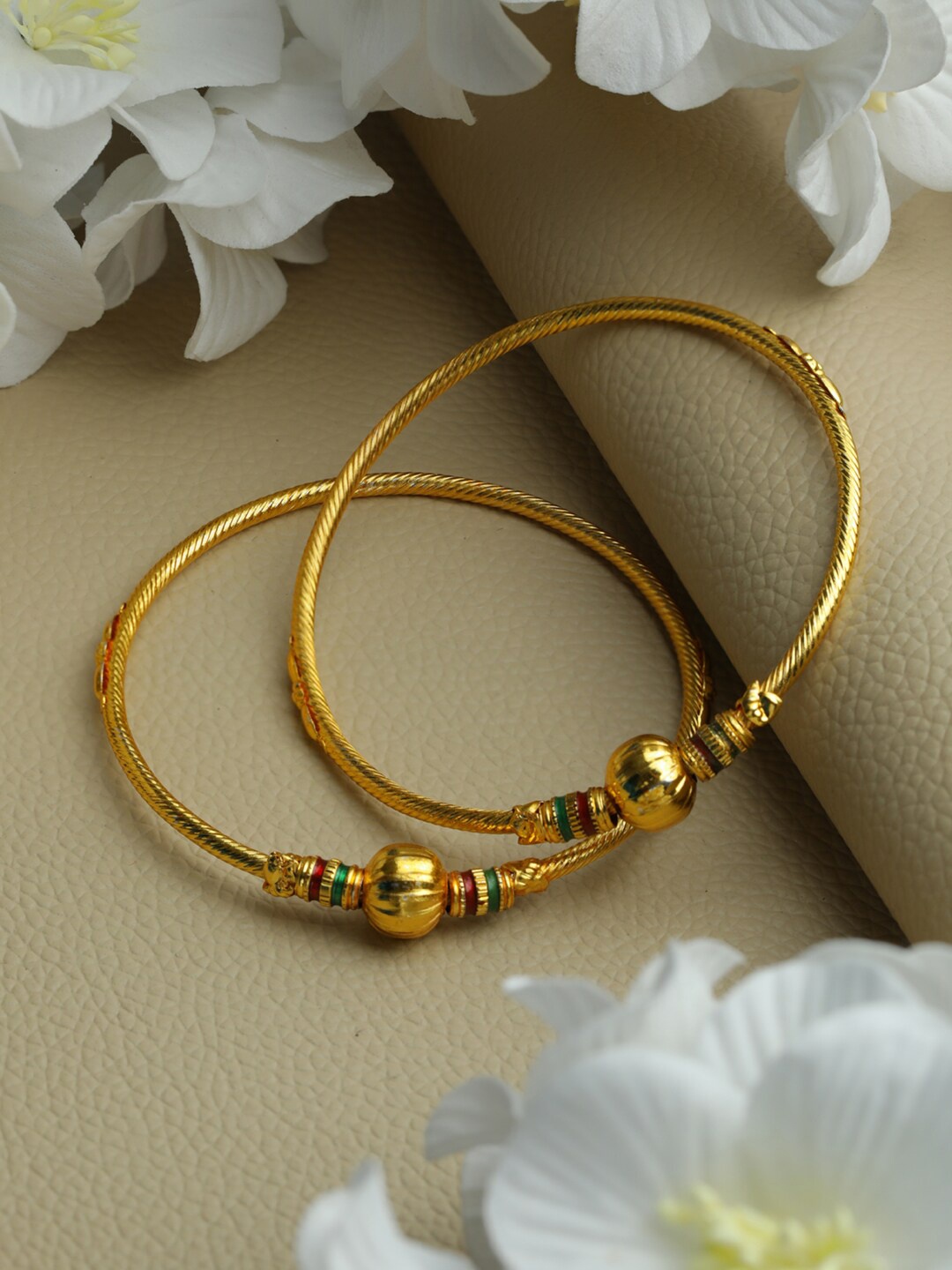 

Priyaasi Set of 2 Gold-Plated Green & Red Bangles