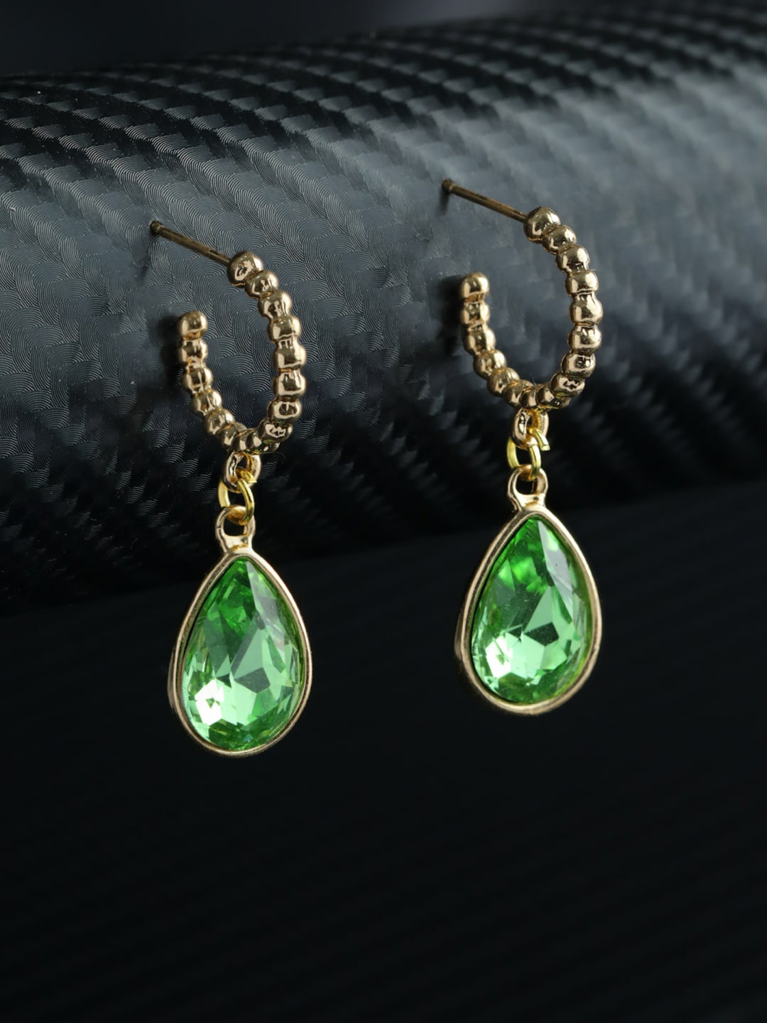

Priyaasi Gold-Plated Green Teardrop Shaped Stone Studded Half Hoop Earrings