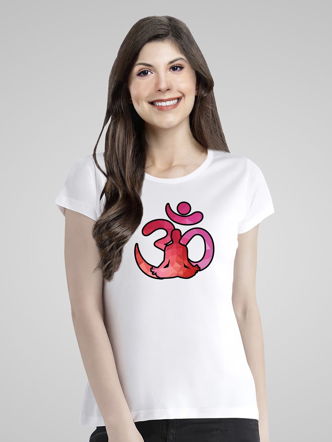 

Pootlu Women White Om Printed Pure Cotton T-shirt