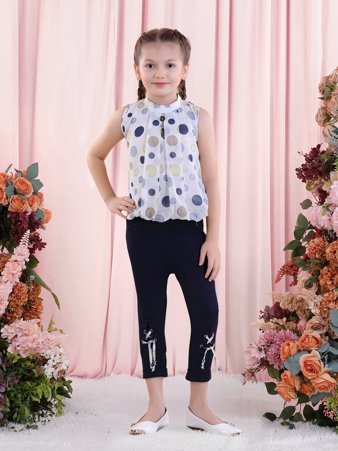 

POPLINS Girls White & Blue Printed Top with Capris