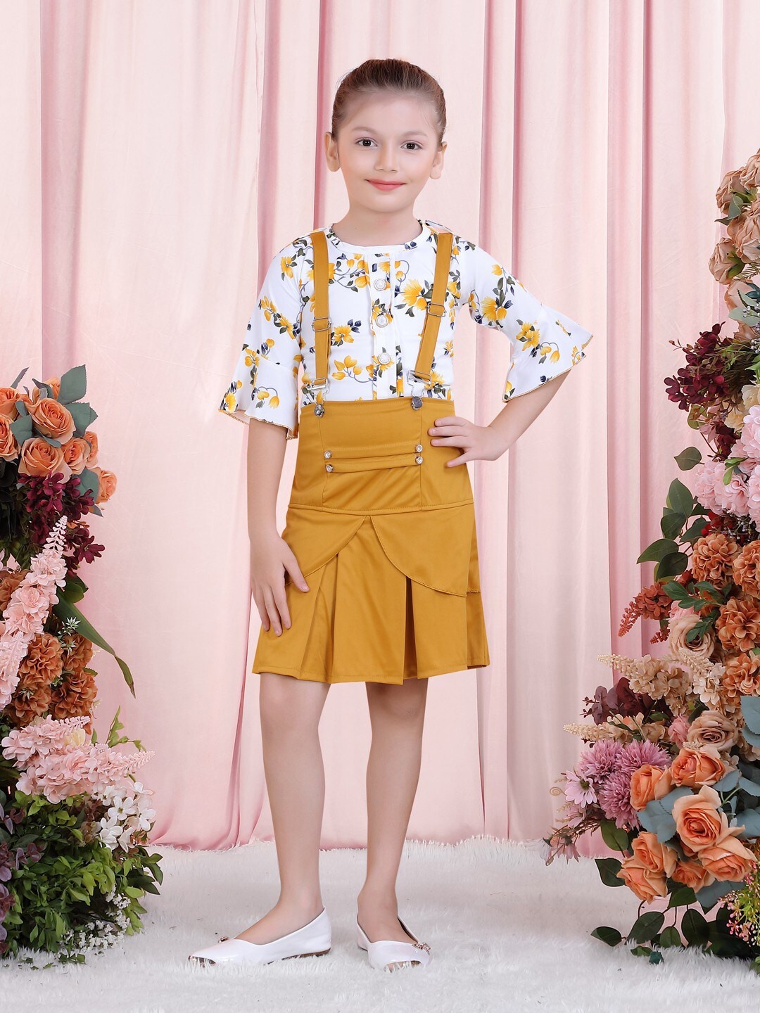 

POPLINS Girls Yellow & White Printed Top with Skirt