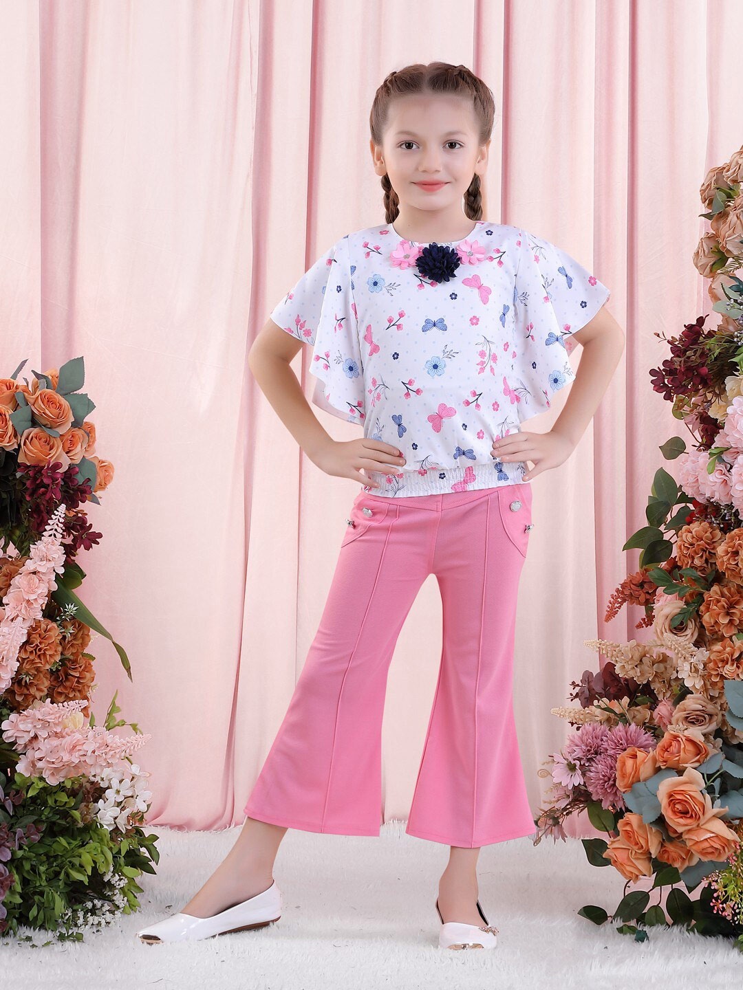 

POPLINS Girls Pink & White Printed Top with Trousers