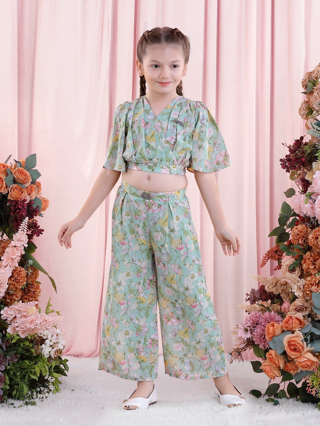 

POPLINS Girls Green & Yellow Printed Top with Palazzos