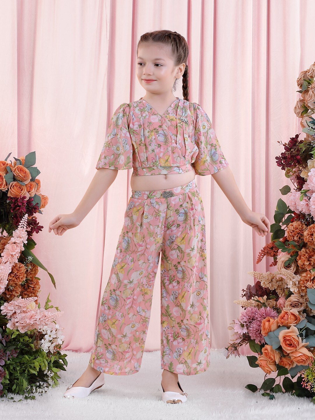 

POPLINS Girls Pink & Yellow Printed Top with Palazzos