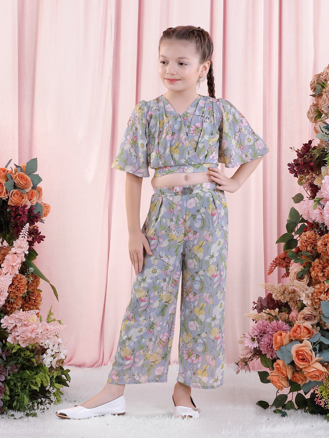 

POPLINS Girls Grey & Pink Printed Pure Cotton Top with Palazzos