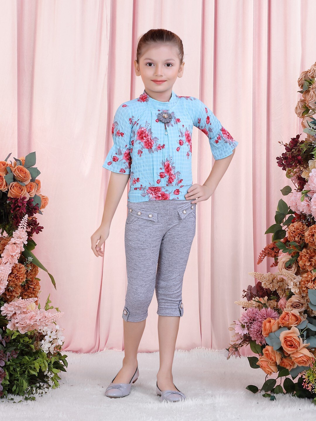 

POPLINS Girls Blue & Purple Printed Top with Capris