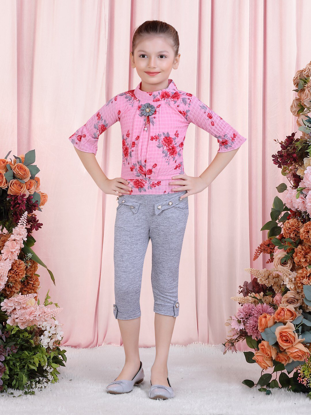 

POPLINS Girls Pink & Grey Printed Top with Capris