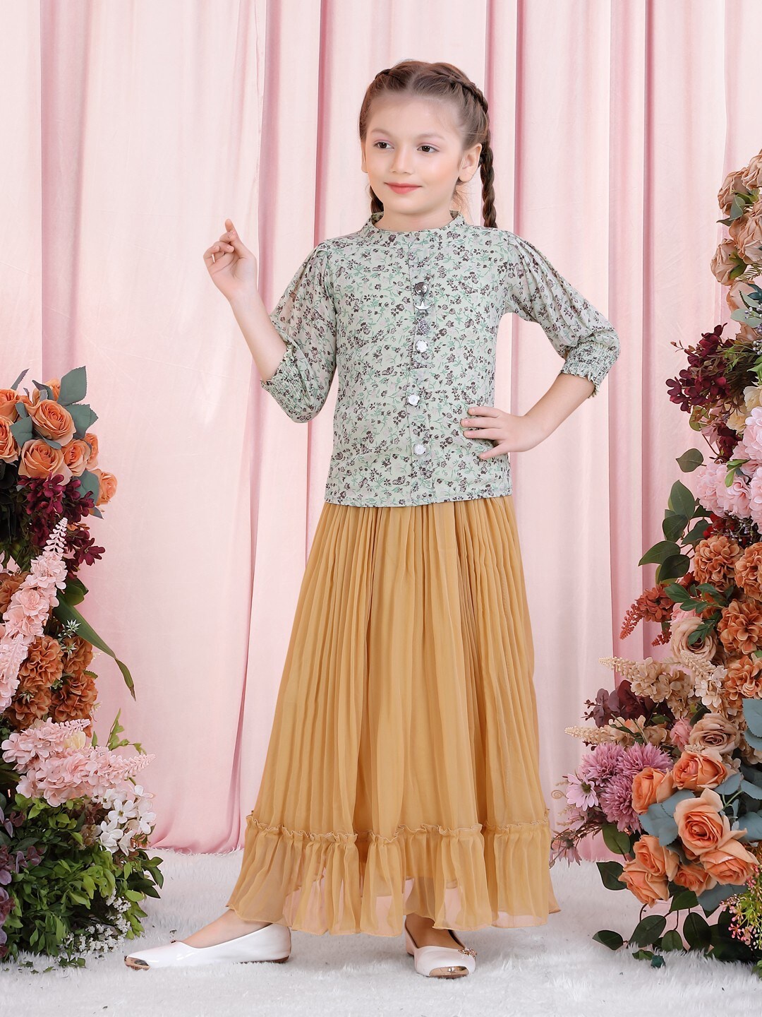 

POPLINS Girls Beige & Olive Green Floral Printed Pure Cotton Top with Skirt