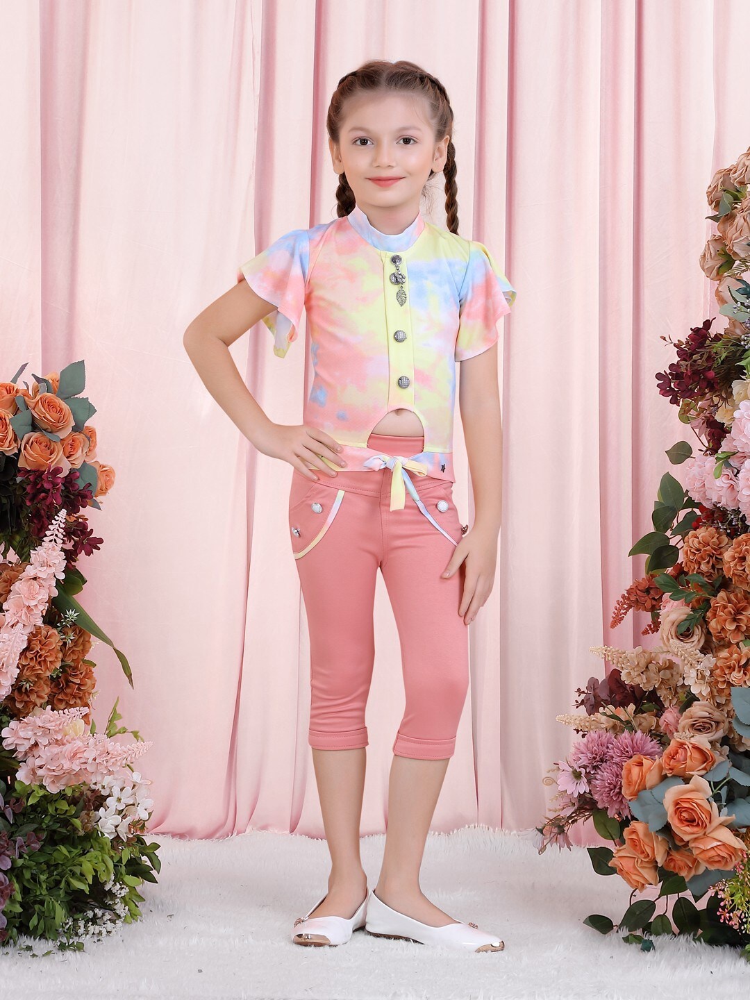 

POPLINS Girls Peach-Coloured & Blue Dyed Top with Capris
