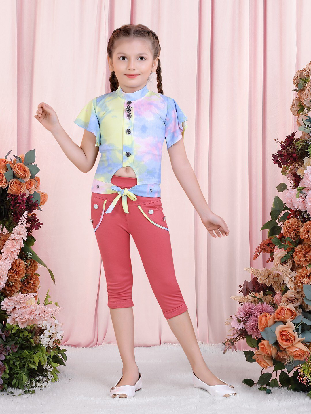 

POPLINS Girls Blue & Yellow Printed Pure Cotton Top with Capris