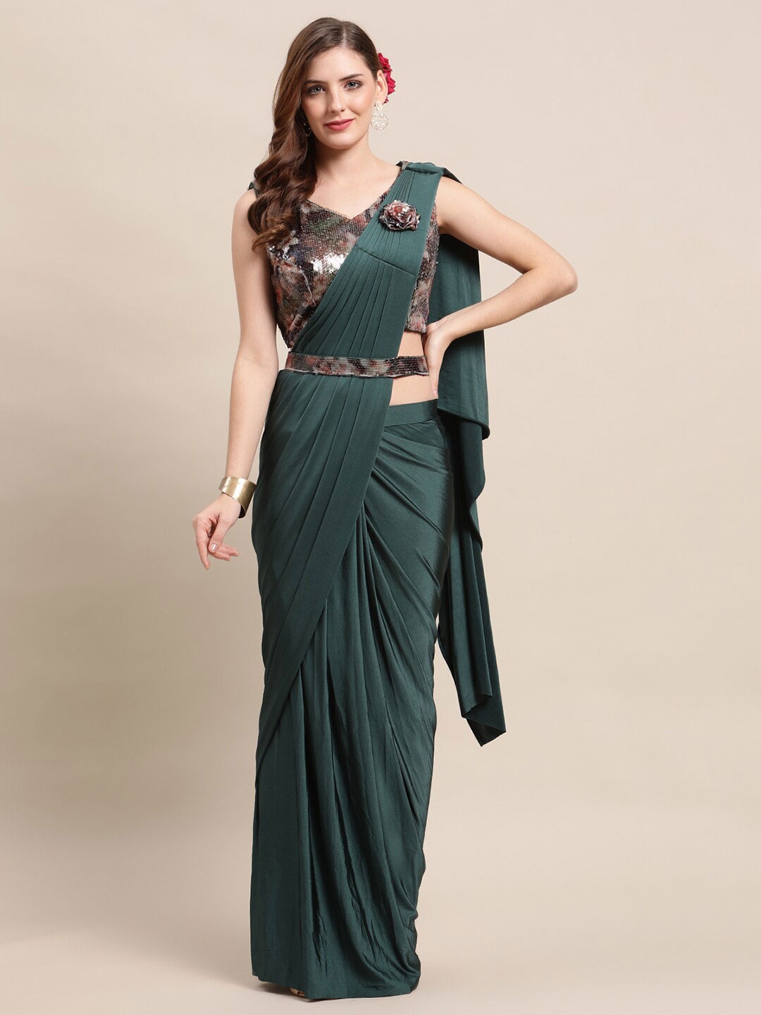 

Grancy Teal Sequinned Ready to Wear Saree