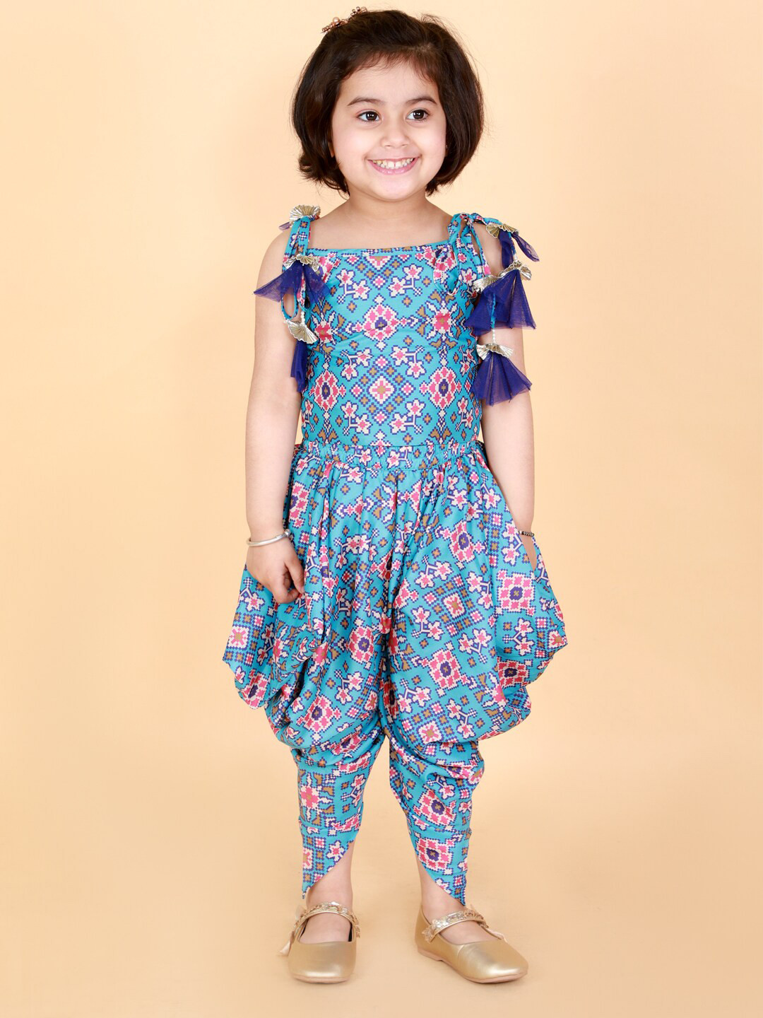 

LIL DRAMA Girls Blue & Pink Printed Top with Dhoti Pants