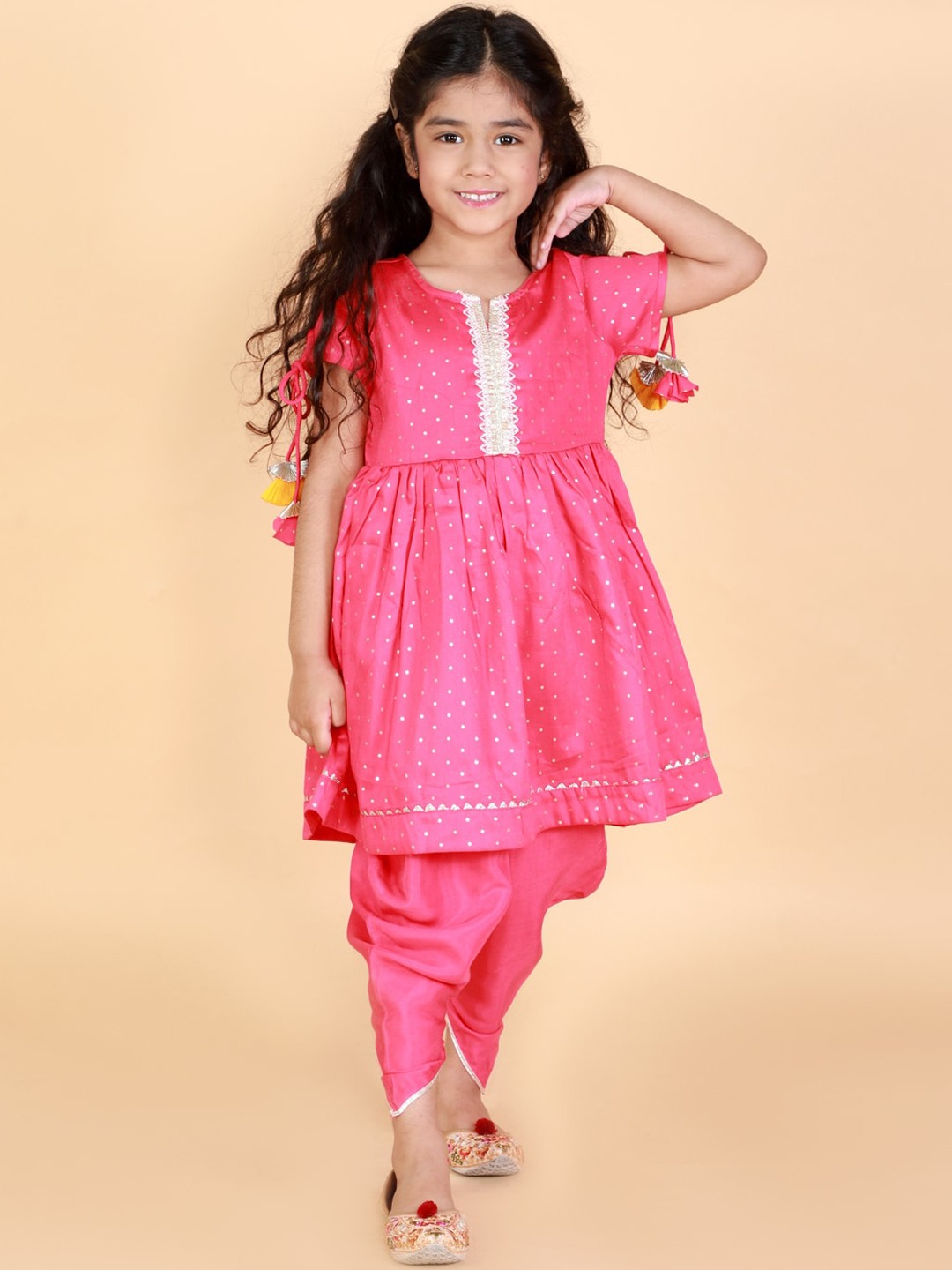 

LIL DRAMA Girls Pink Floral Striped Panelled Pure Cotton Kurti with Dhoti Pants & With Dupatta
