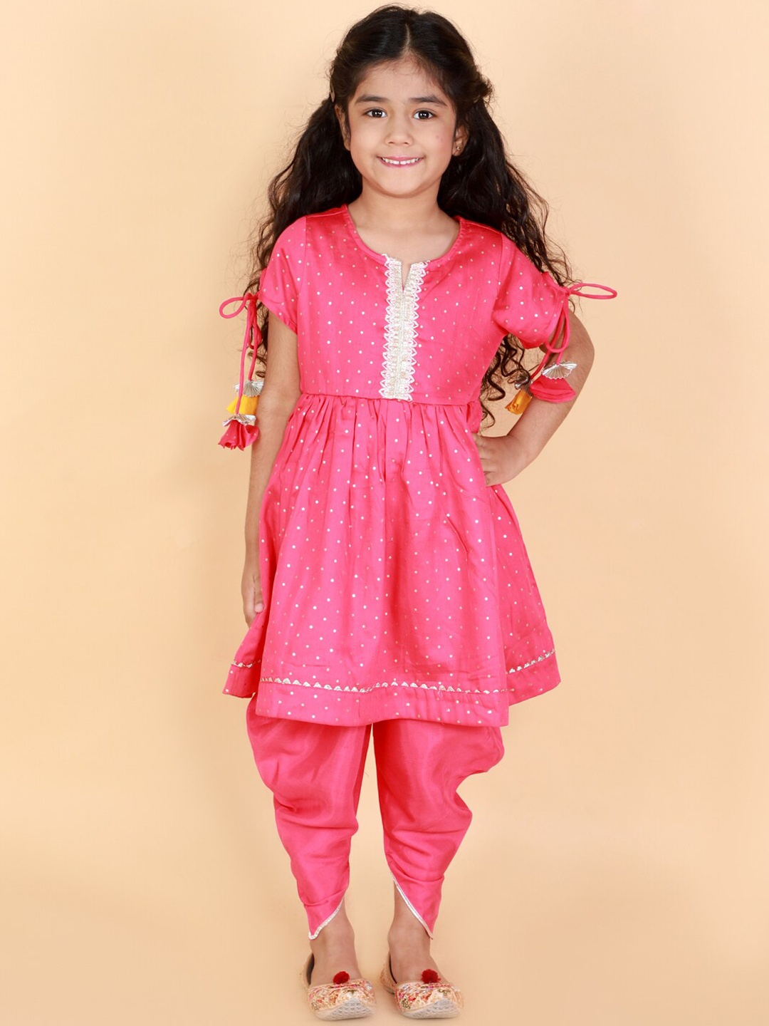 

LIL DRAMA Girls Pink Floral Striped Pleated Pure Cotton Kurti with Dhoti Pants & With Dupatta