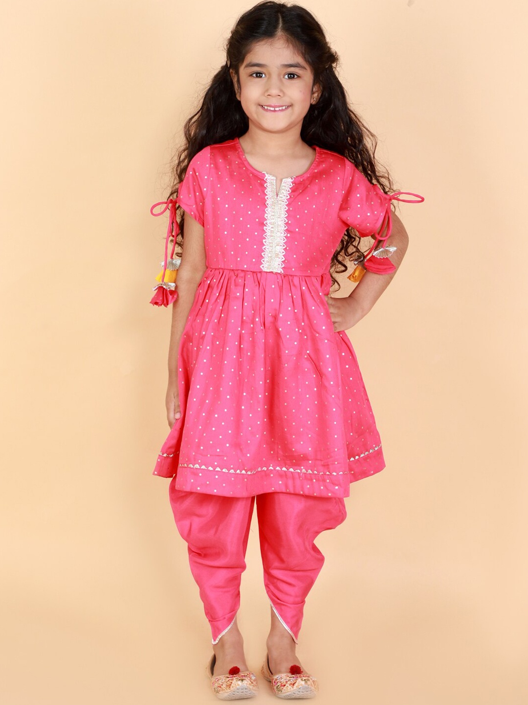 

LIL DRAMA Girls Pink Floral Striped Pure Cotton Kurti with Dhoti Pants