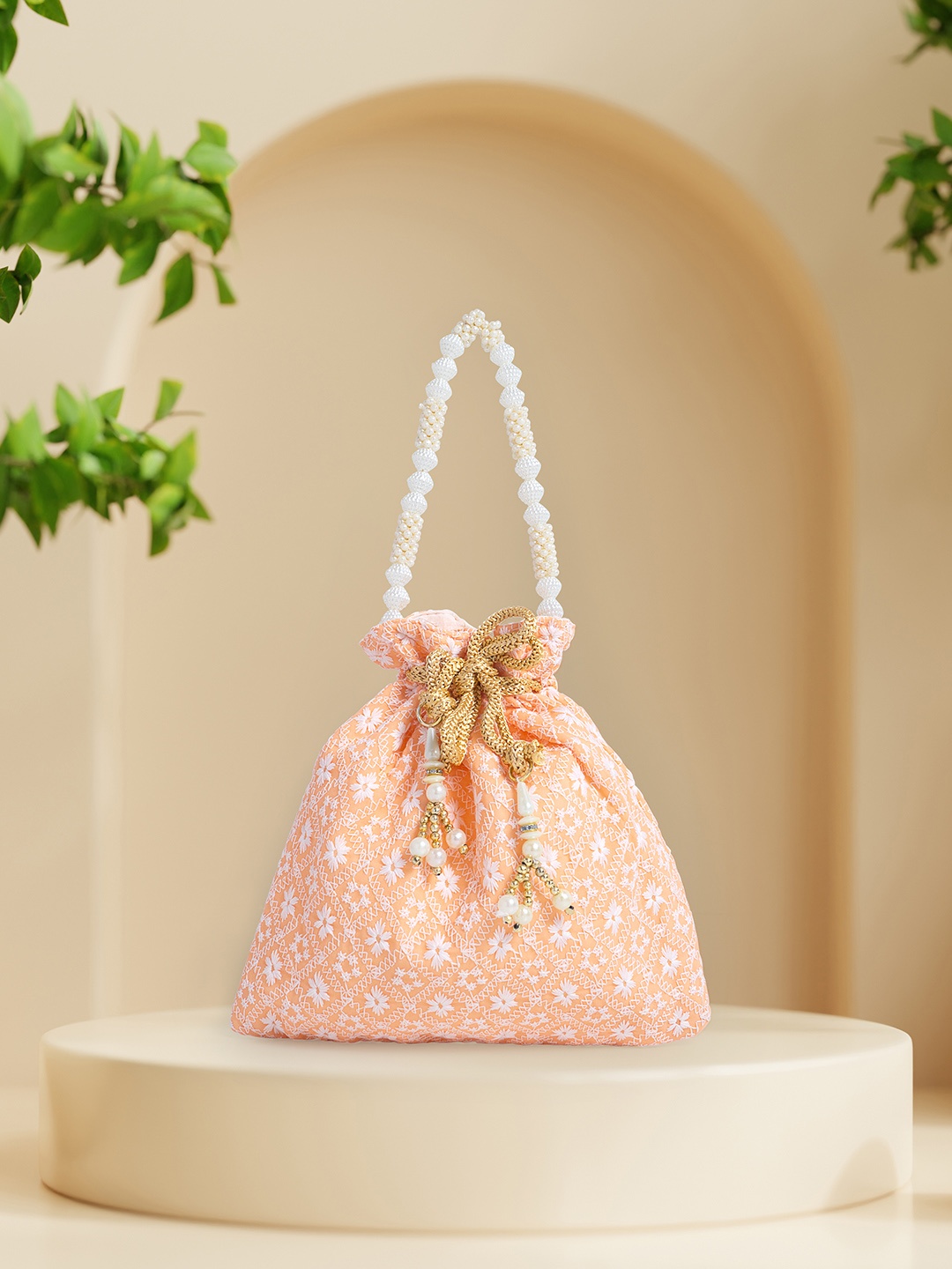 

Golden Peacock Peach-Coloured & White Embroidered Potli Clutch