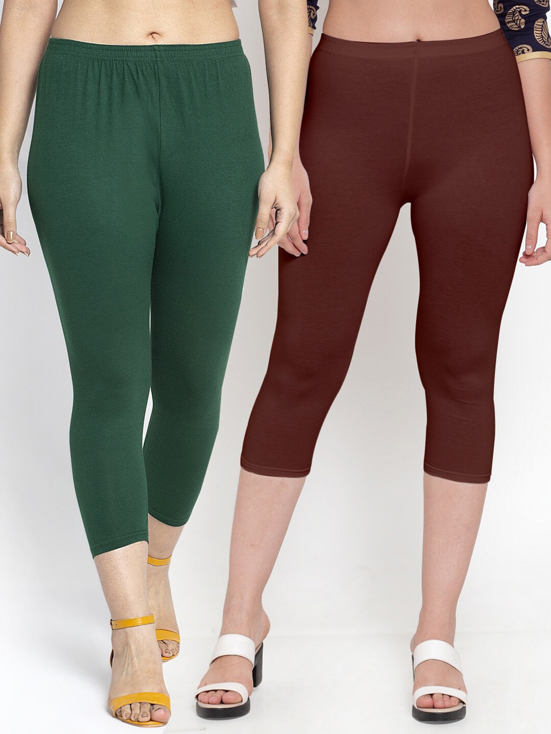 

Jinfo Women Pack of 2 Green & Brown Cotton Lycra Capris