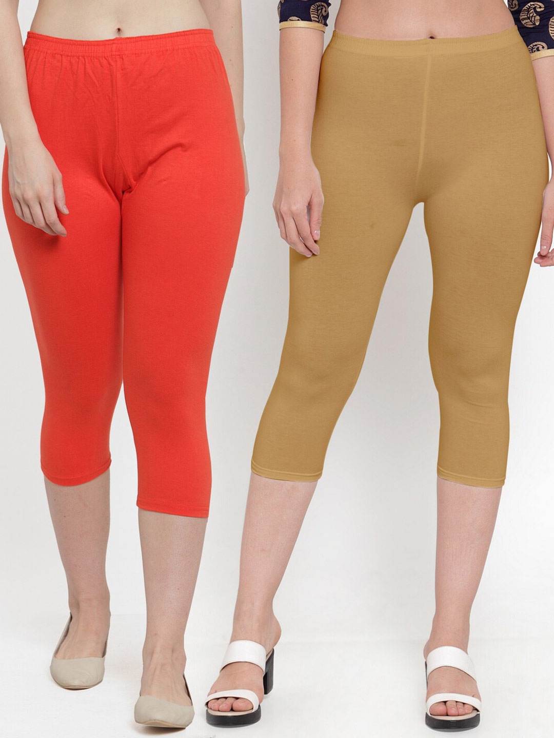 

Jinfo Women Pack Of 2 Orange & Camel Brown Capris