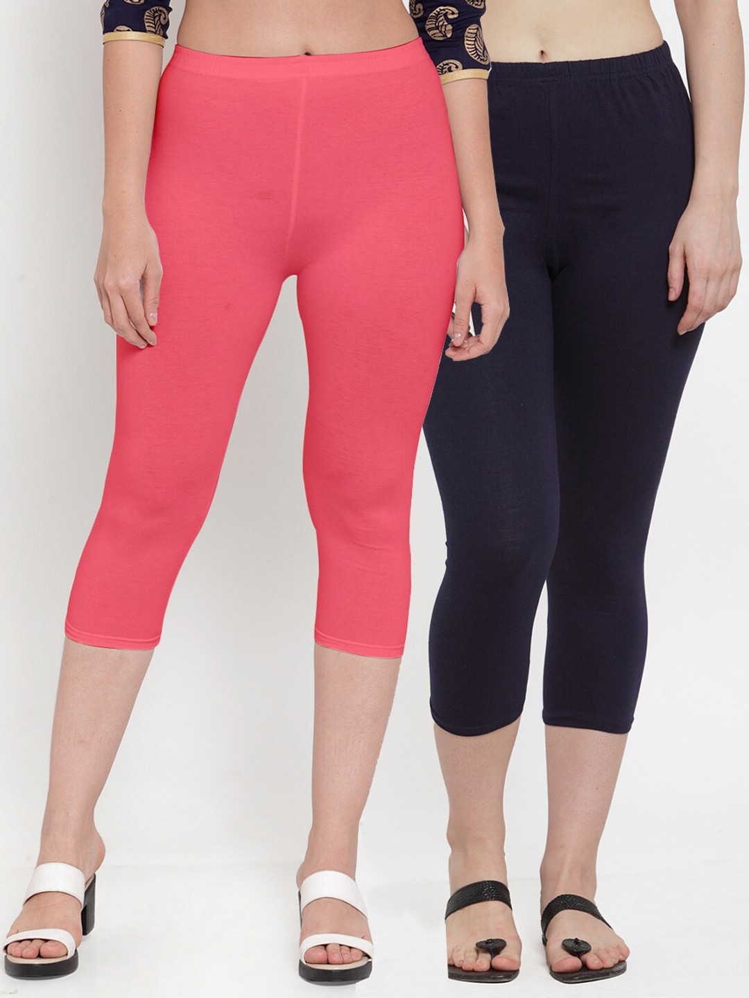 

Jinfo Women Pack Of 2 Peach-Coloured & Navy Blue Capris