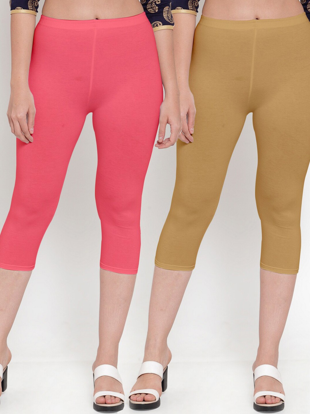 

Jinfo Women Pack Of 2 Peach-Coloured & Beige Solid Capris