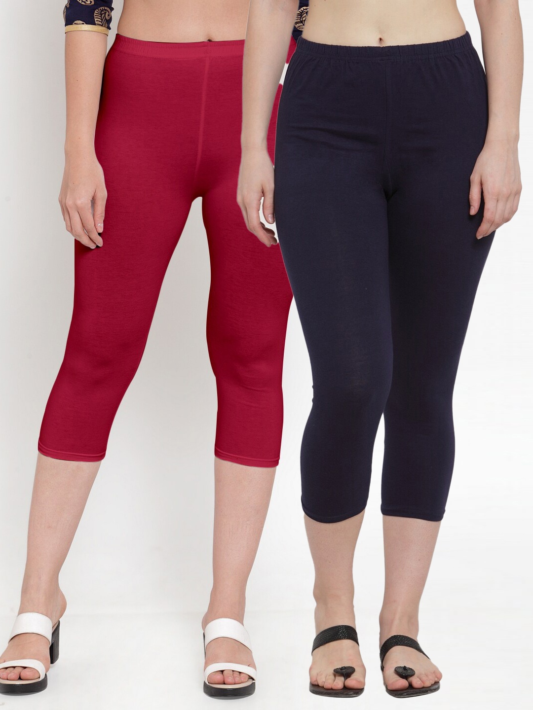 

Jinfo Women Maroon & Navy Blue Set of 2 Solid Cotton Capris