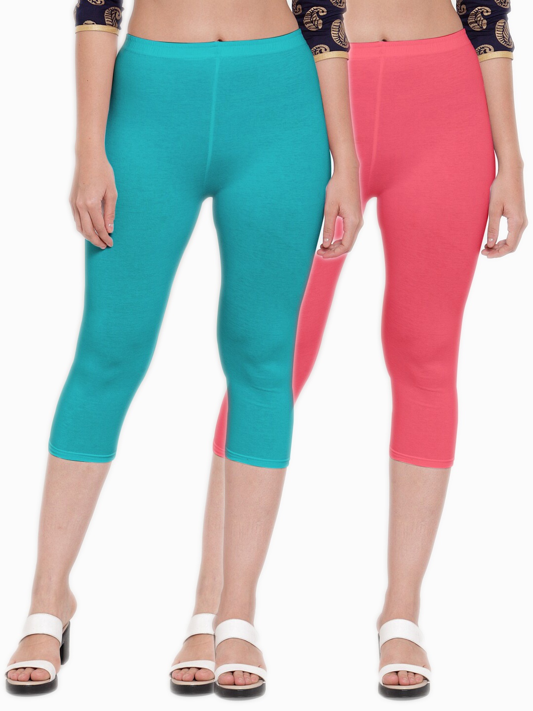 

Jinfo Women Pack Of 2 Peach-Coloured & Turquoise Blue Solid Capris