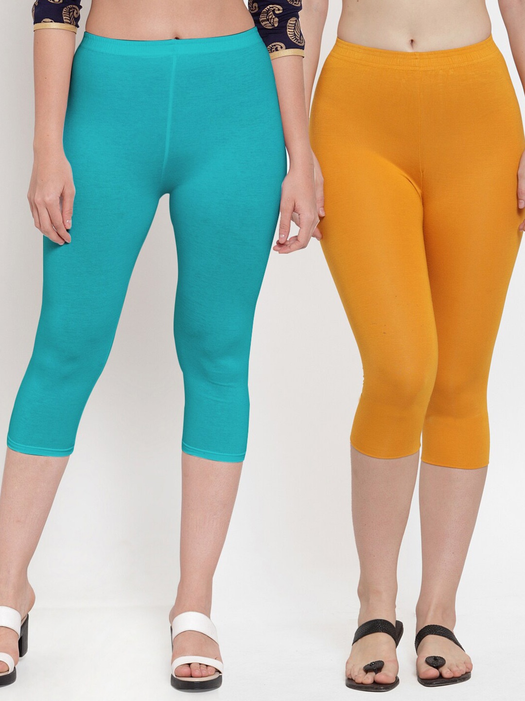 

Jinfo Women Pack Of 2 Mustard Yellow & Turquoise Blue Capris