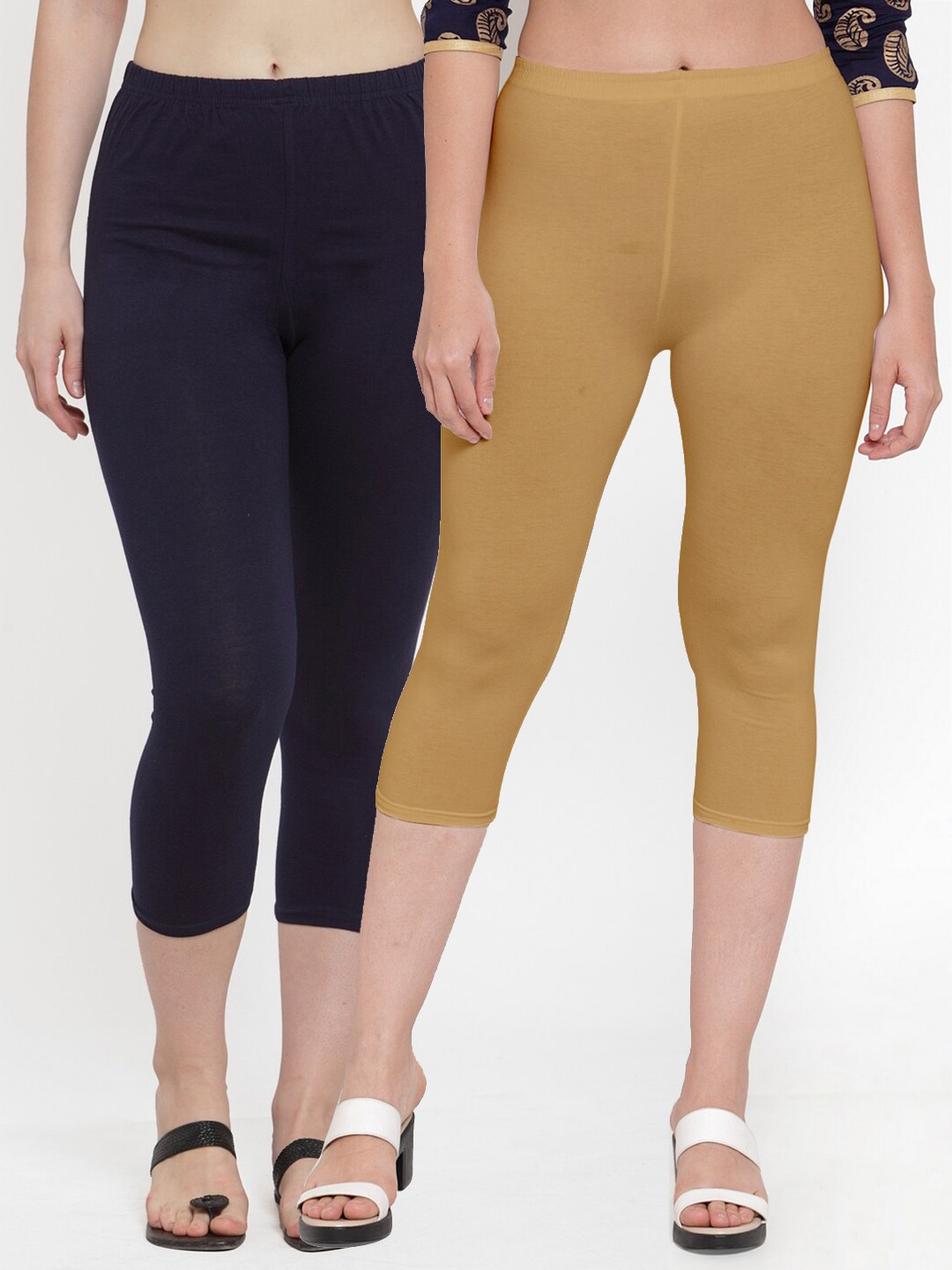

Jinfo Pack Of 2 Mid-Rise Three-Fourth Length Leggings, Navy blue