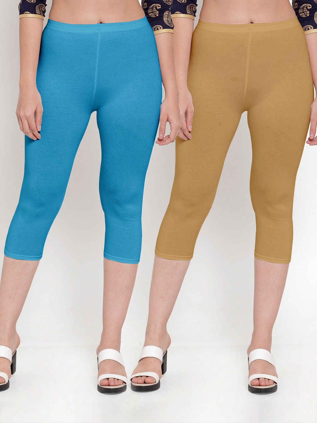 

Jinfo Women Blue & Khaki Set Of 2 Capris