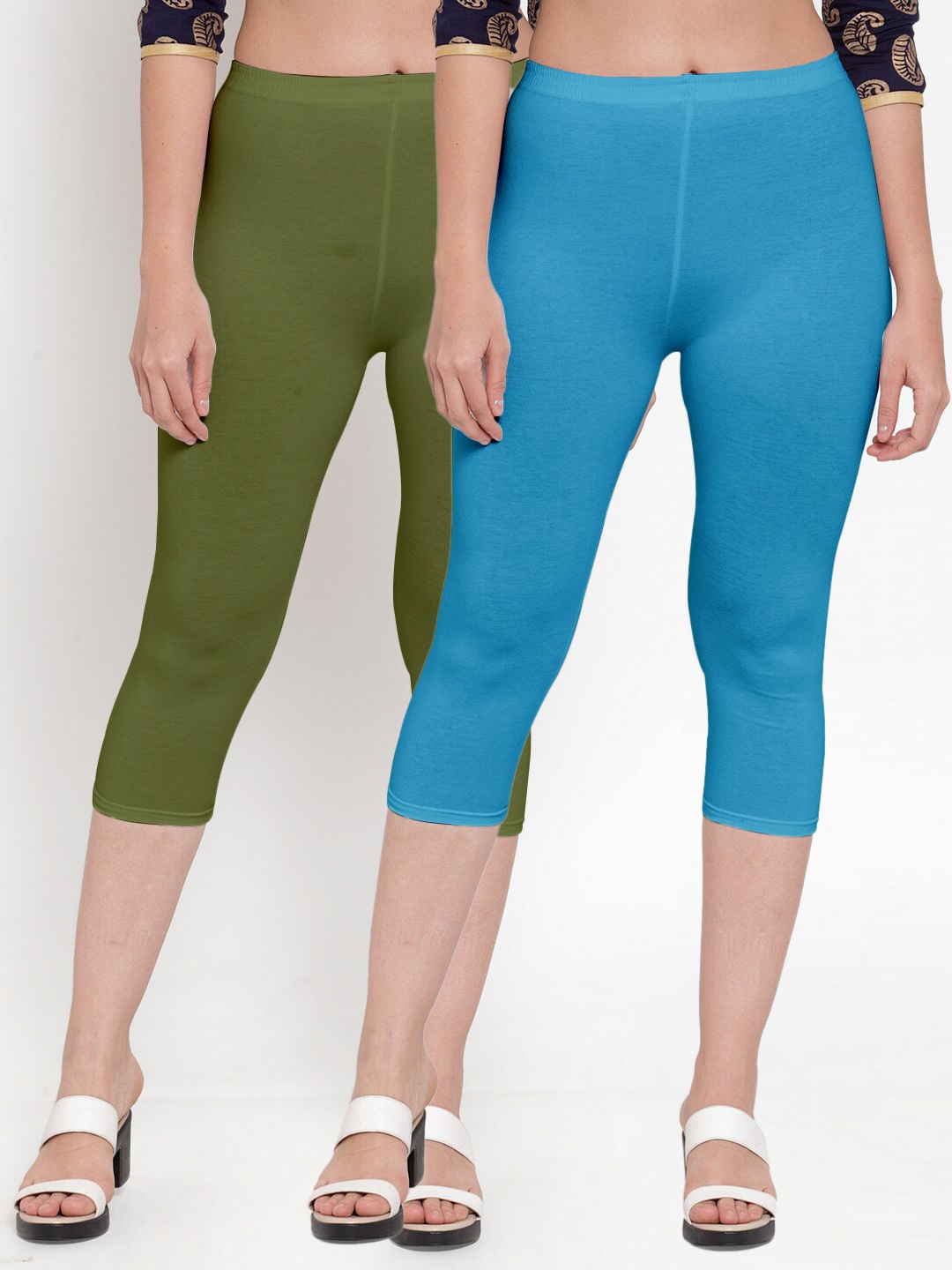 

Jinfo Women Pack of 2 Blue & Olive Green Capris
