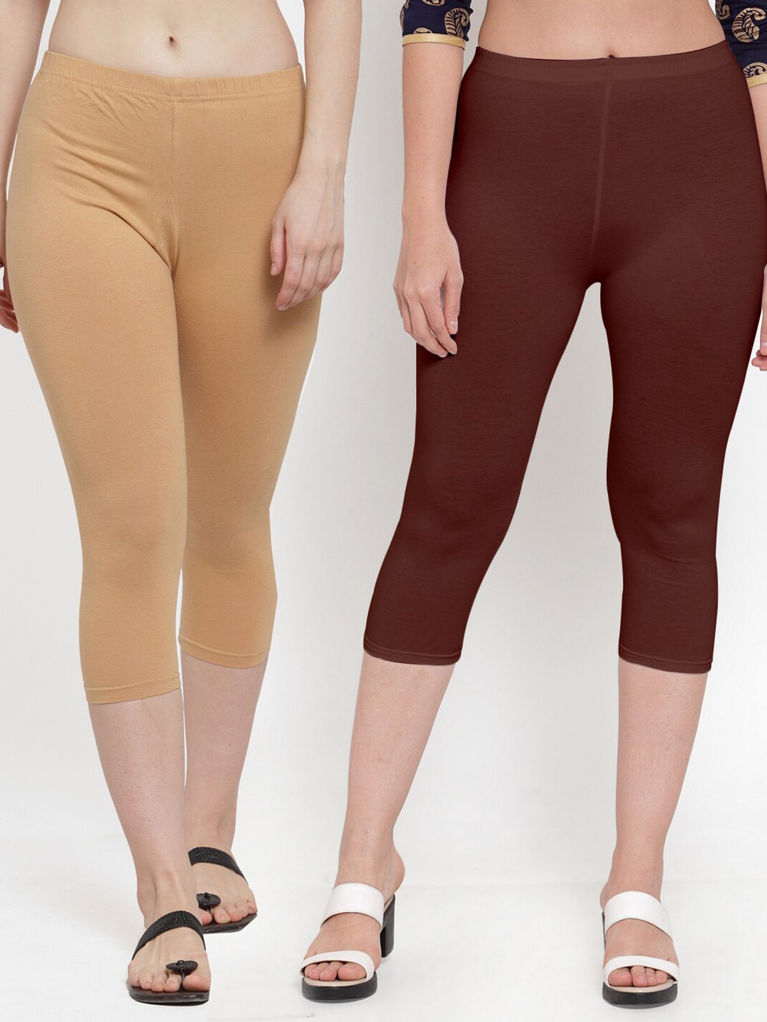 

Jinfo Women Beige & Burgundy Set of 2 Solid Cotton Capris