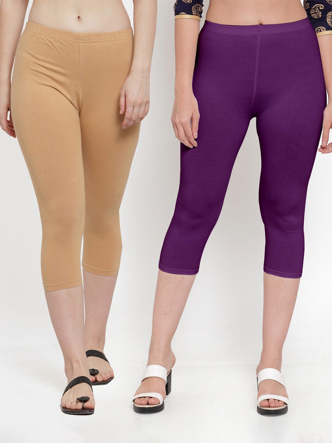 

Jinfo Women Pack Of 2 Beige & Purple Solid Capris