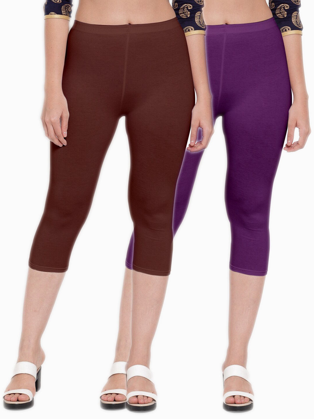

Jinfo Women Pack of 2 Purple & Brown Cotton Lycra Capris