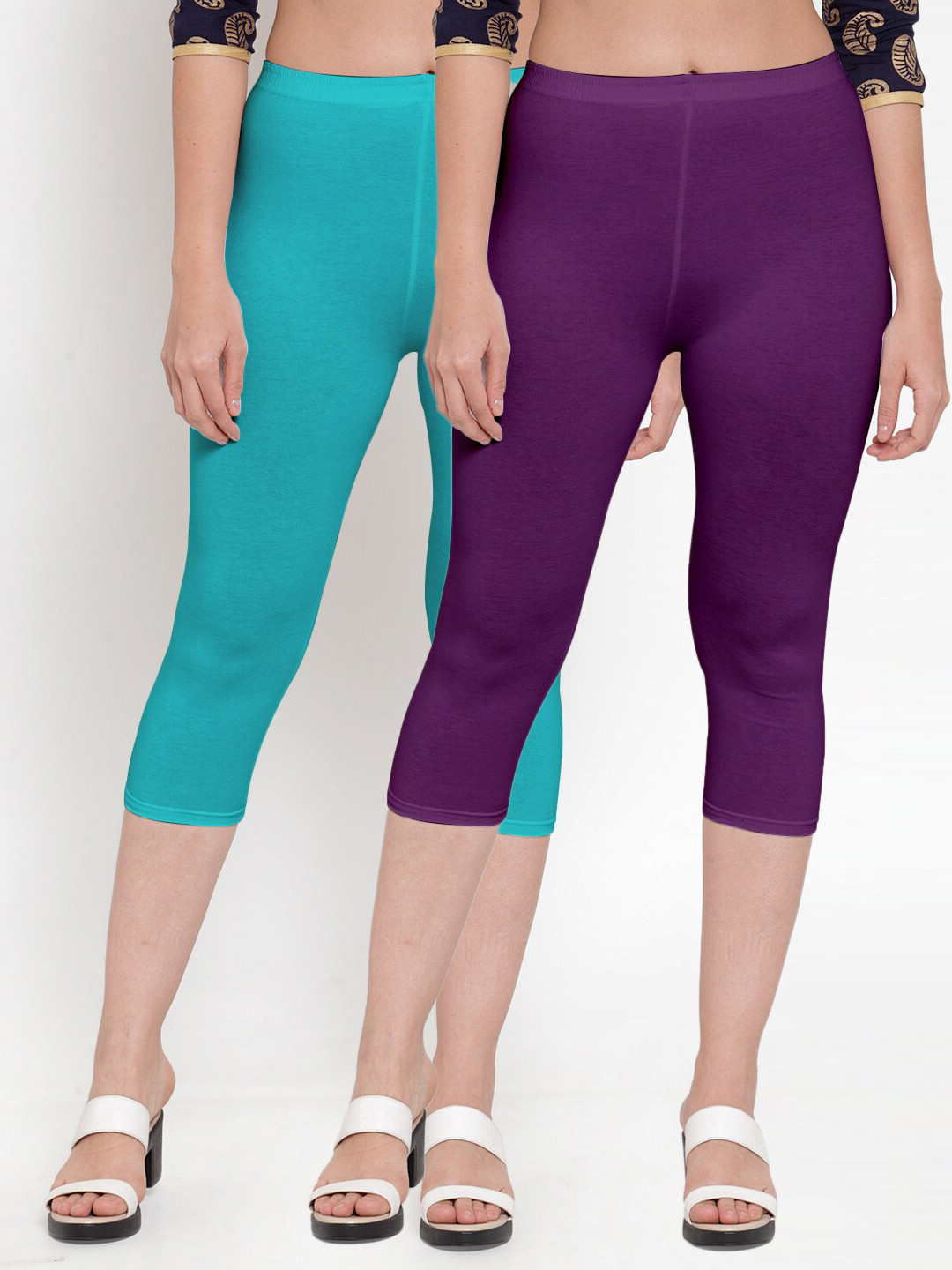 

Jinfo Women Pack of 2 Purple & Turquoise Blue Capris