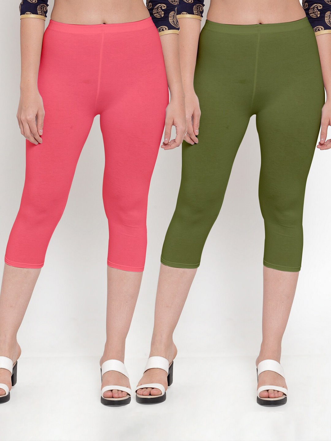 

Jinfo Women Pack Of 2 Peach-Coloured & Green Capris