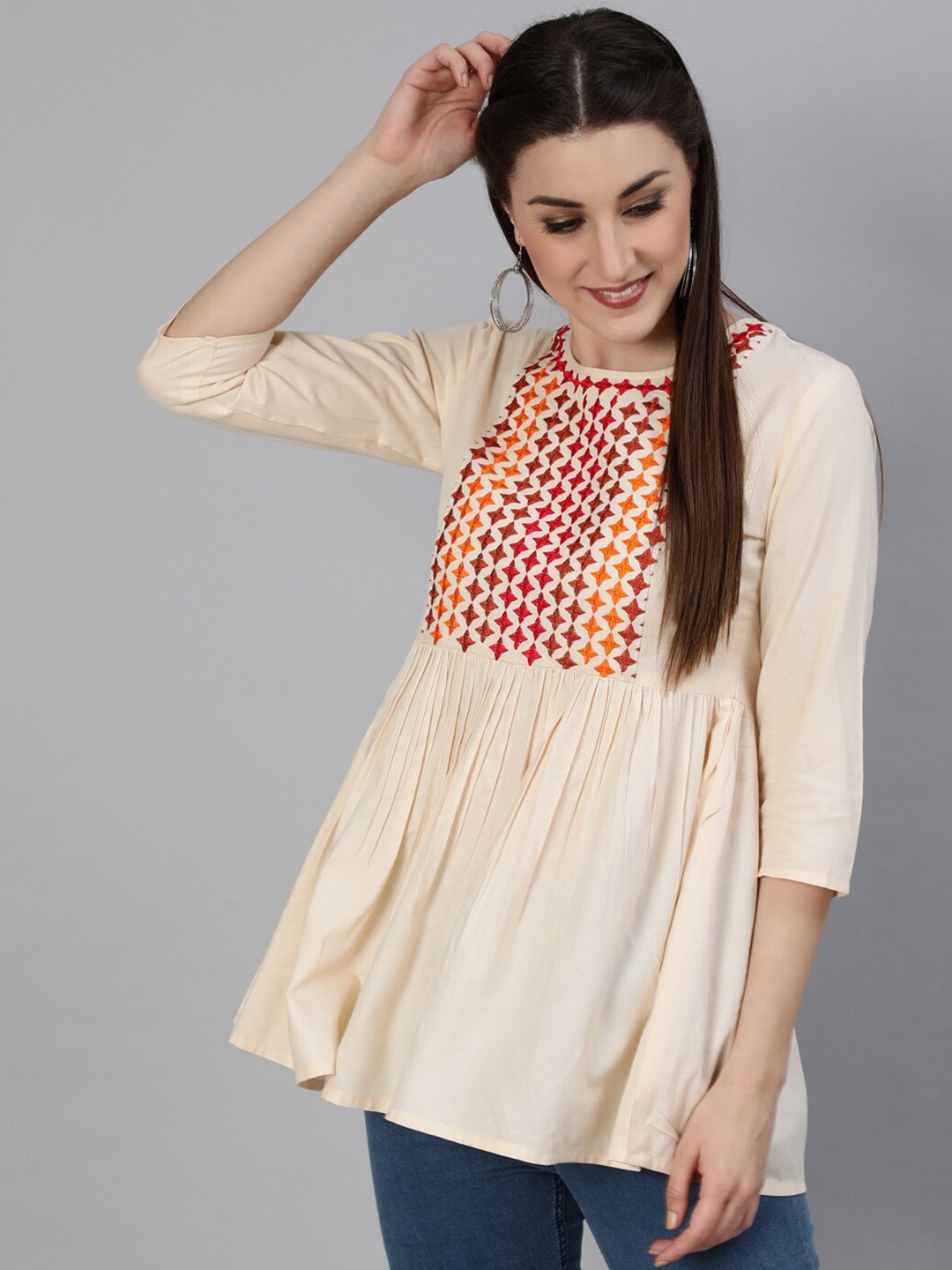 

GULMOHAR JAIPUR Cream-Coloured Geometric Print Top