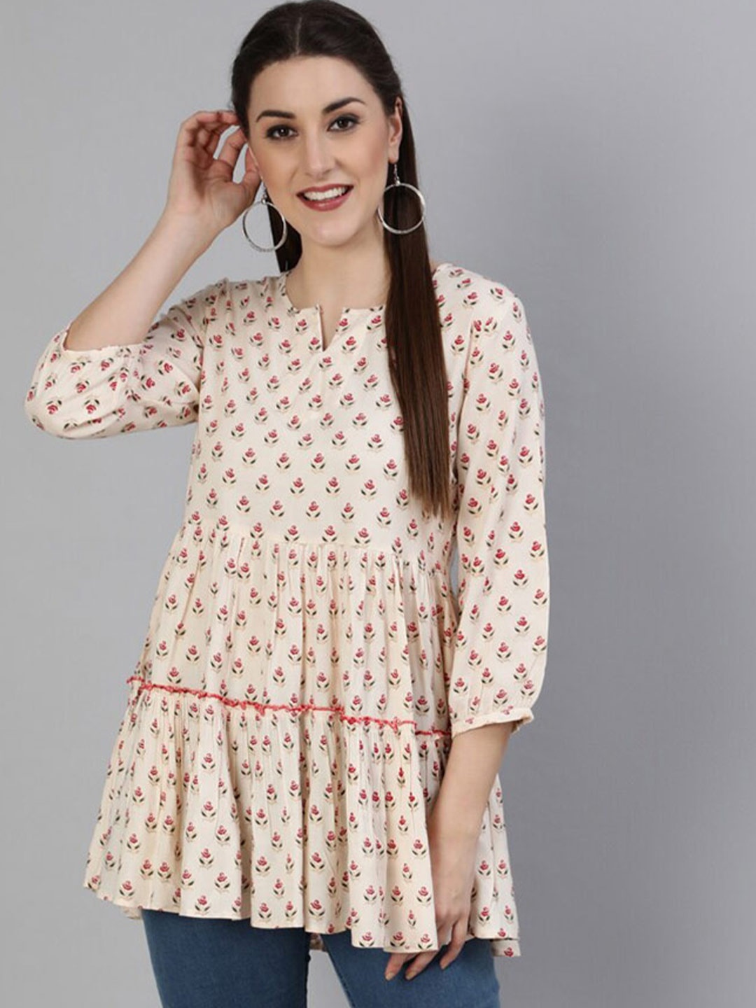 

GULMOHAR JAIPUR Off White & Pink Print Longline Top