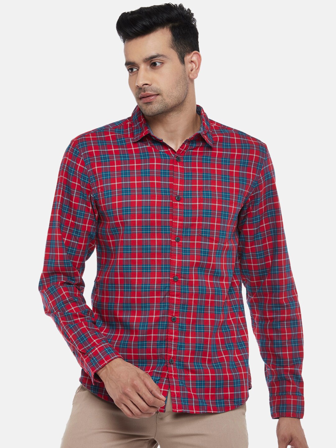 

BYFORD by Pantaloons Men Red Slim Fit Tartan Checked Cotton Casual Shirt