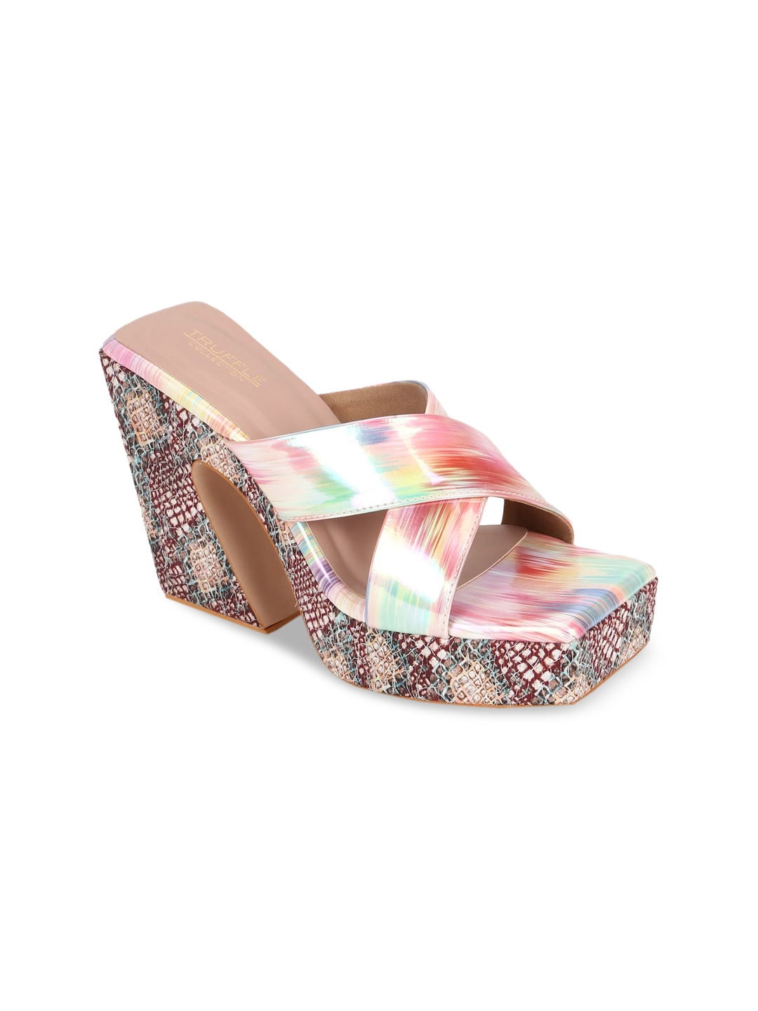 

Truffle Collection Women Multicoloured Printed PU Block Sandals, Multi