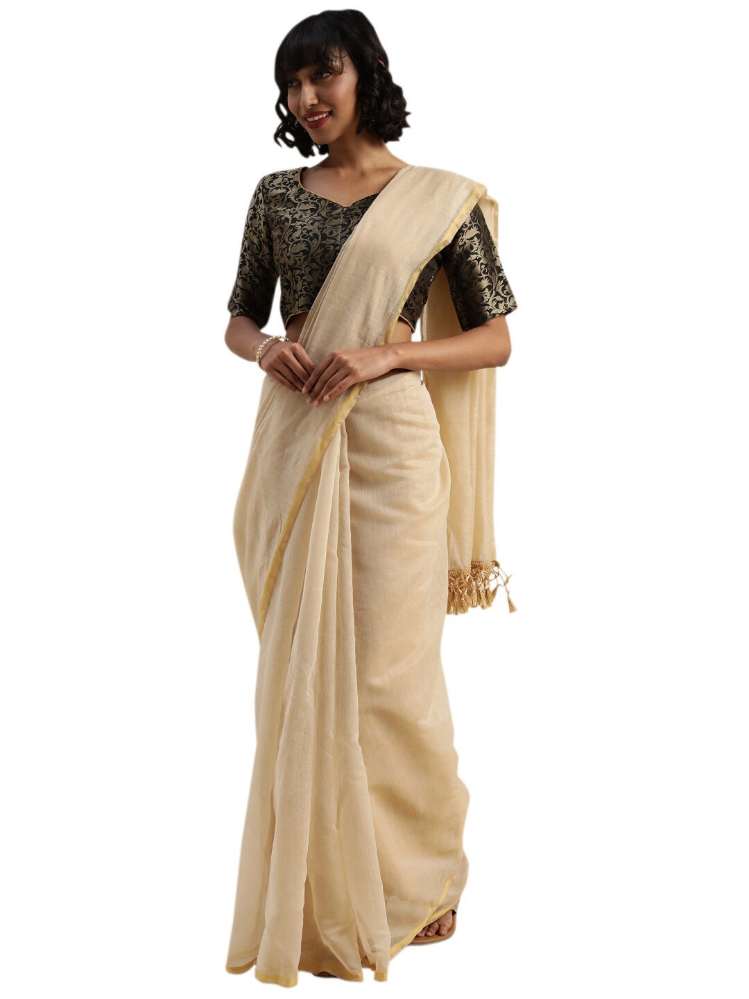 

SAADHVI Cream-Coloured Zari Art Silk Saree