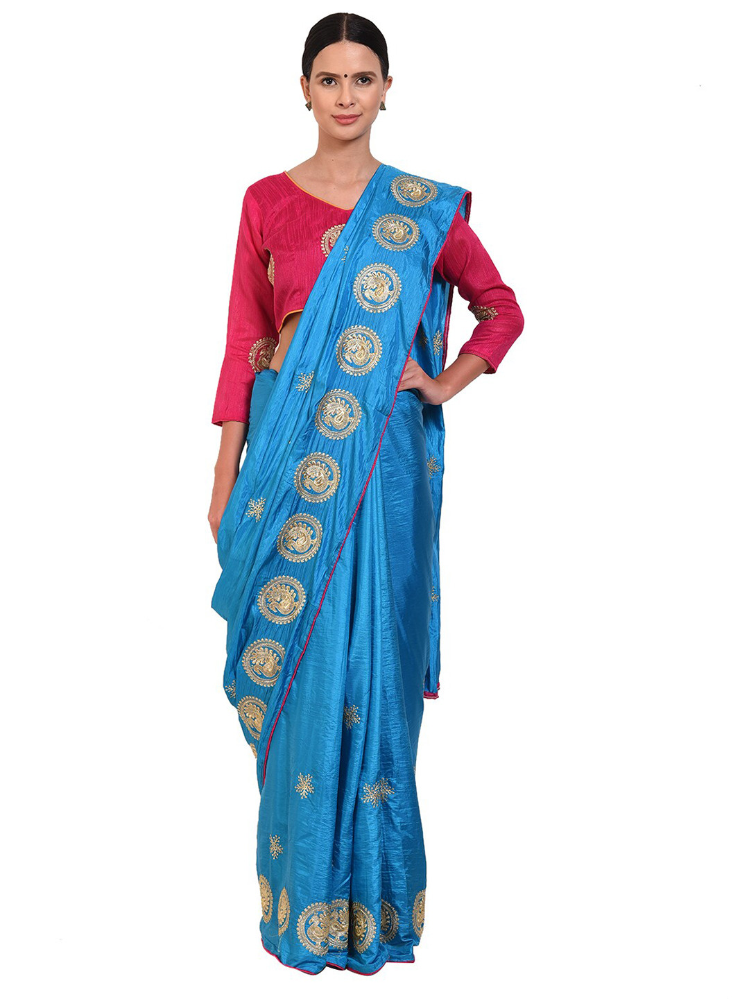 

SAADHVI Turquoise Blue & Gold-Toned Embroidered Silk Blend Saree