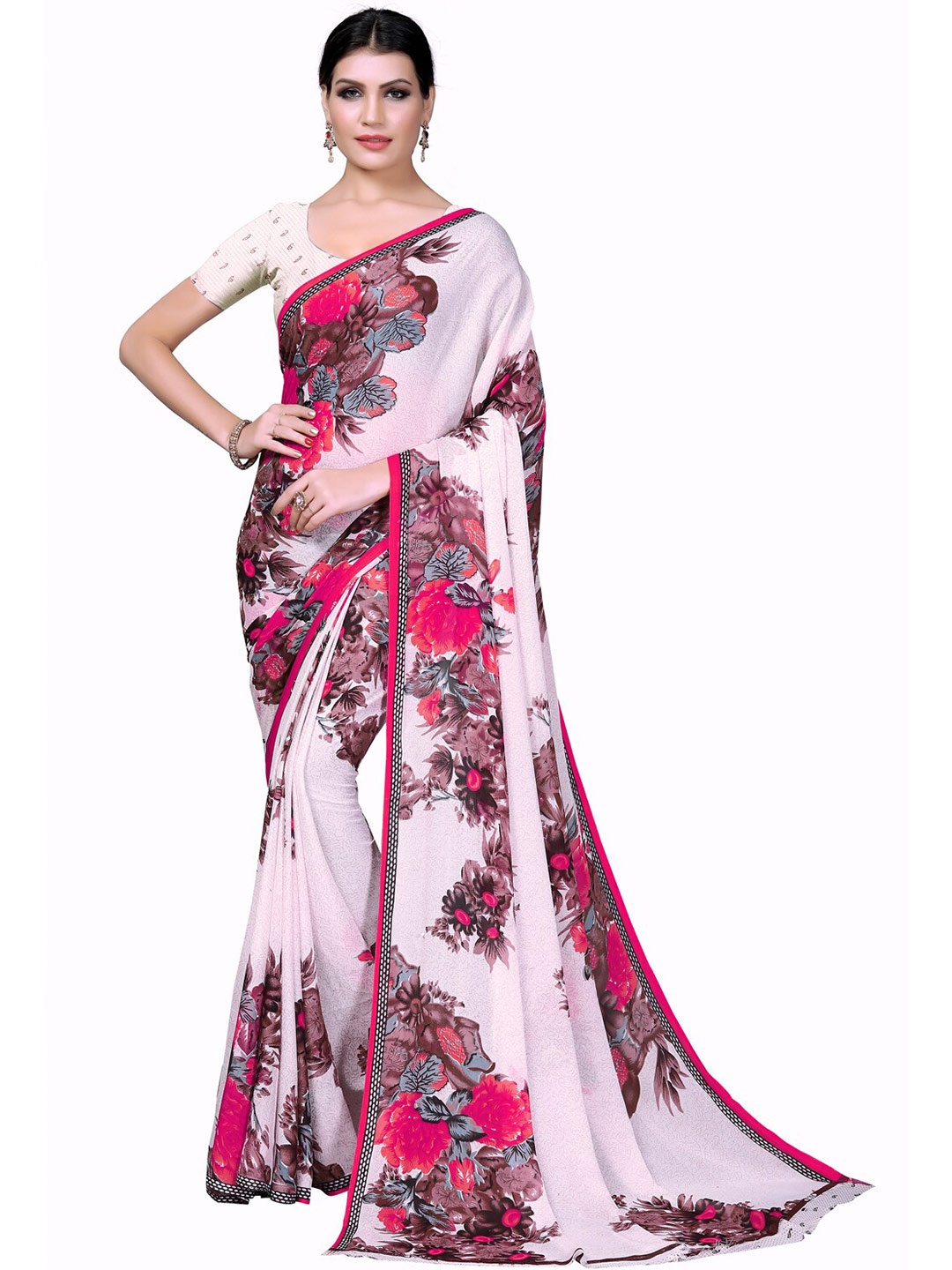 

SAADHVI Pink & White Floral Pure Georgette Saree