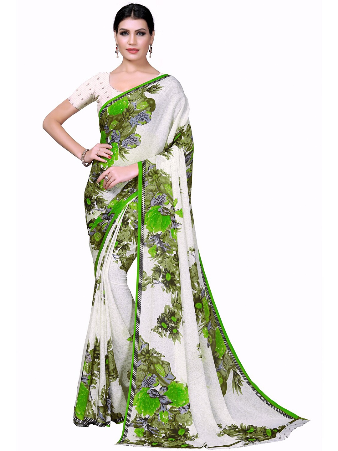 

SAADHVI White & Green Floral Pure Georgette Saree