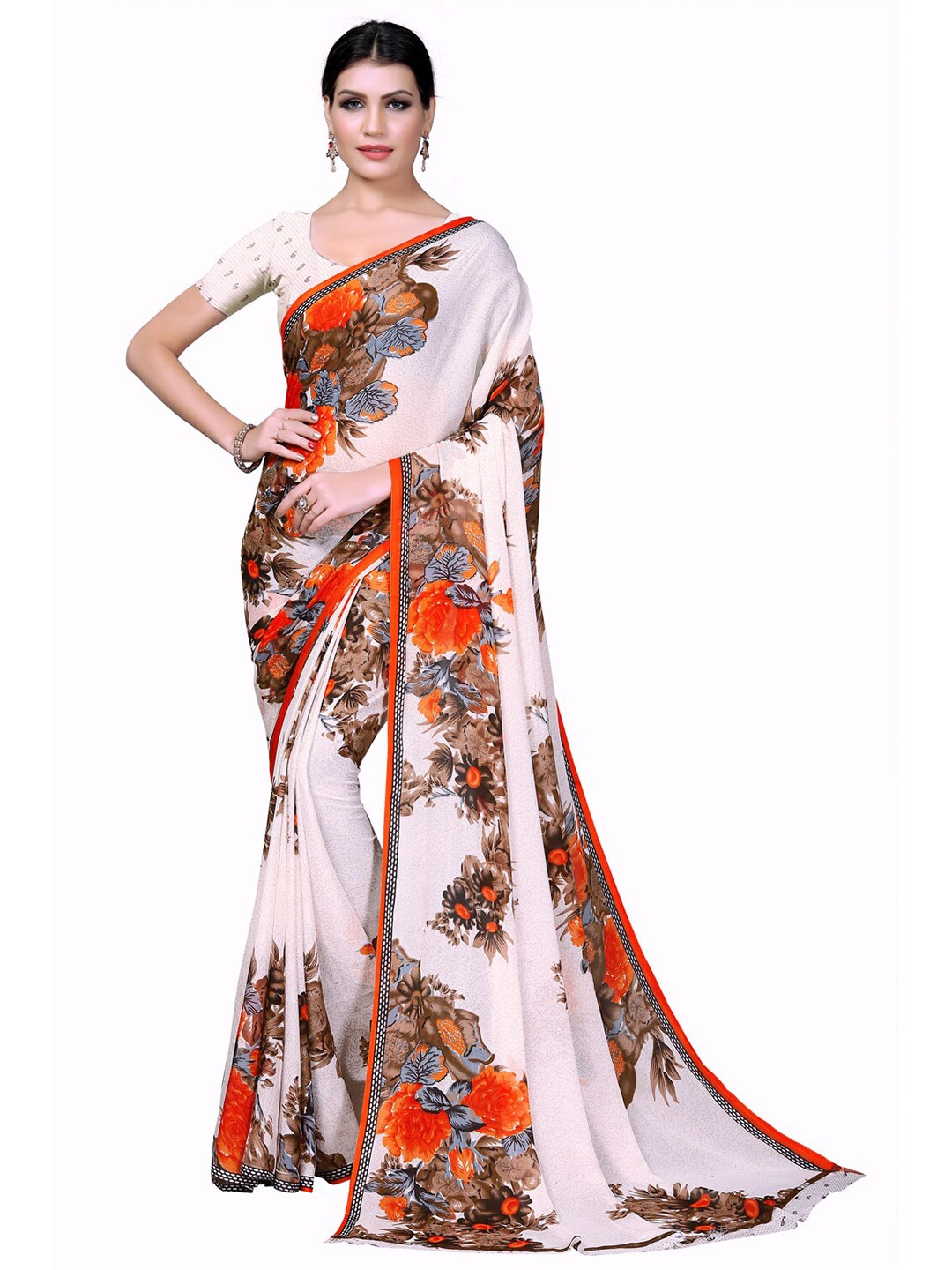 

SAADHVI White & Orange Floral Printed Pure Georgette Saree