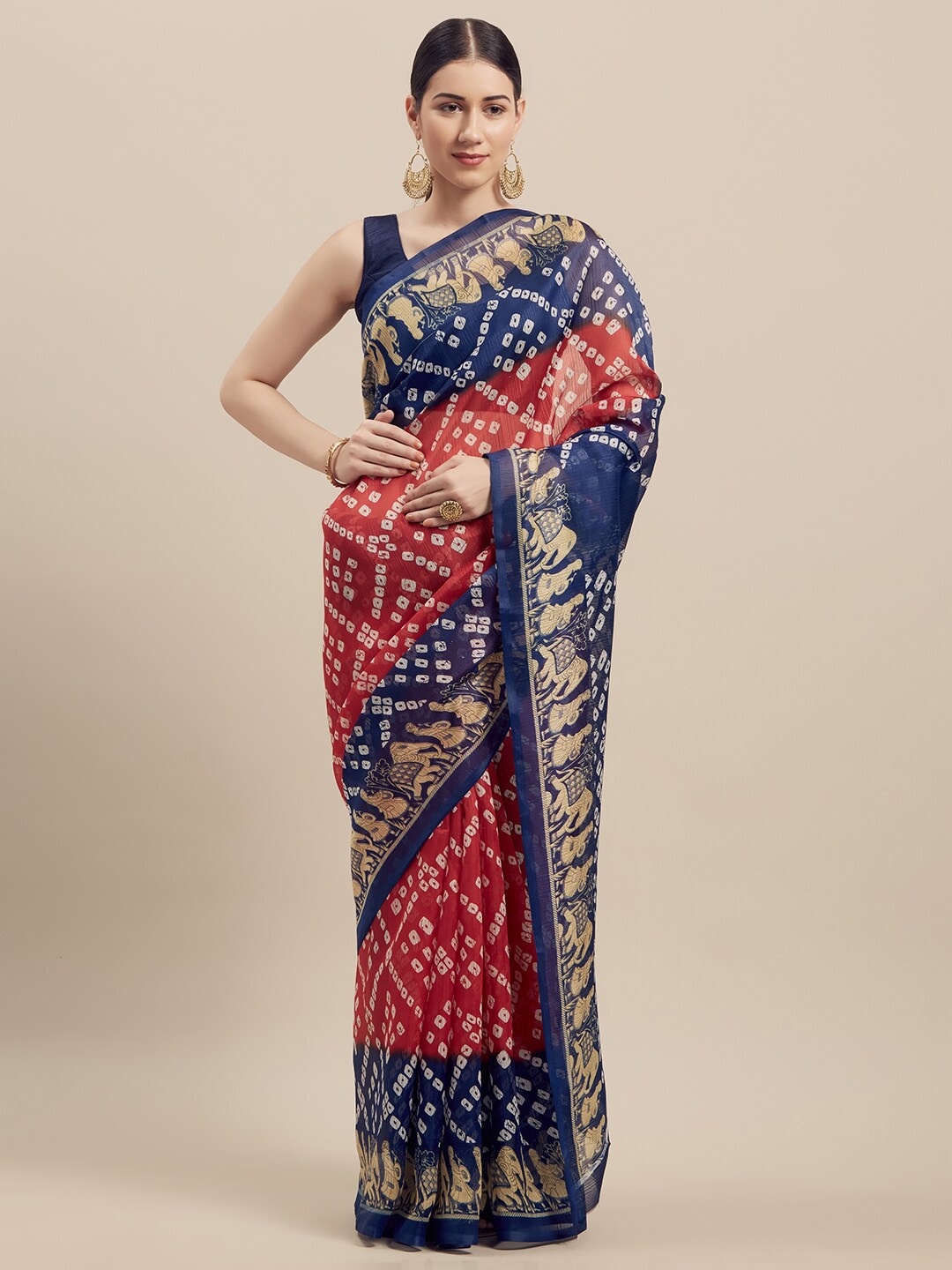 

SAADHVI Navy Blue & Red Bandhani Zari Art Silk Saree