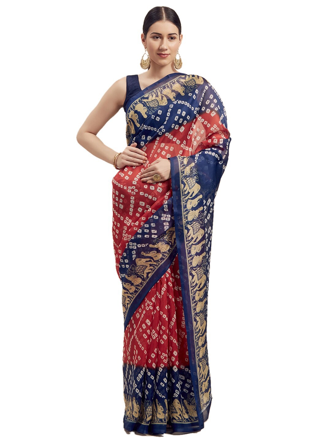 

SAADHVI Navy Blue & Red Bandhani Printed Art Silk Saree