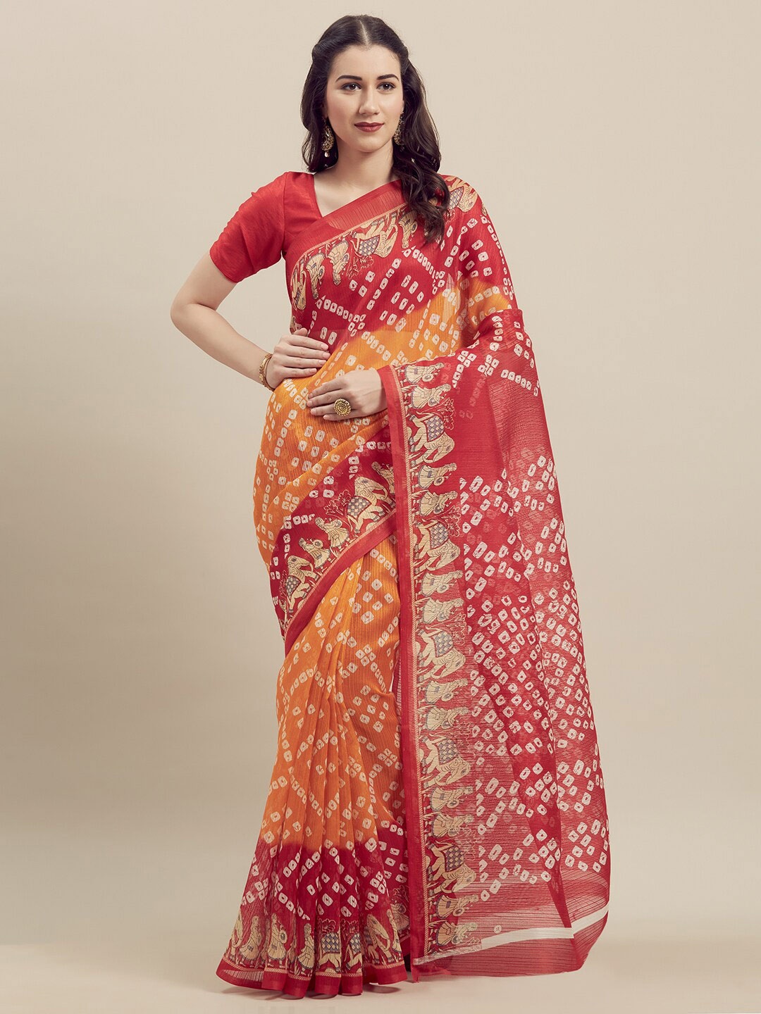 

SAADHVI Yellow & Red Bandhani Art Silk Saree
