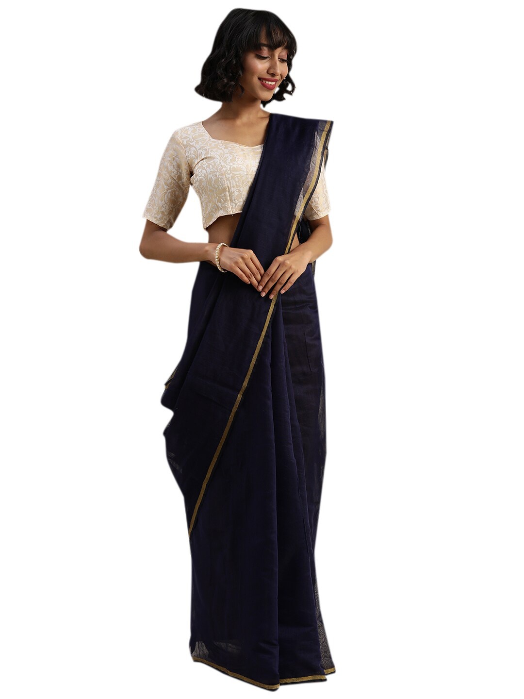 

SAADHVI Navy Blue & Gold-Toned Zari Art Silk Saree